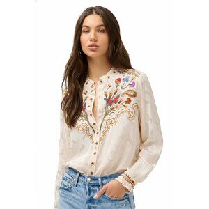 Johnny Was Durago Ruffle Neck Shirt Horse Floral Embroidery Ecru Western Top NEW